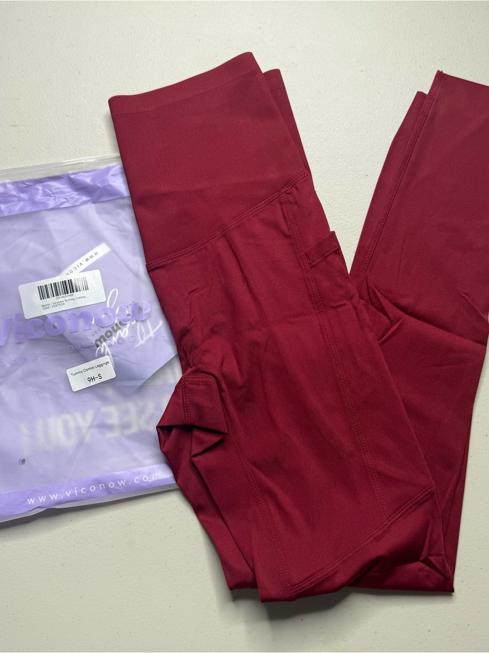 Viconow Women’s Tummy Control High Waist Leggings Side Pockets Small Cranberry
